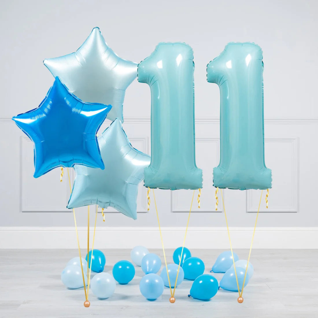 Helium Blue Two Number Set Balloon with Different Shade of Blue Stars and Mini Balloons