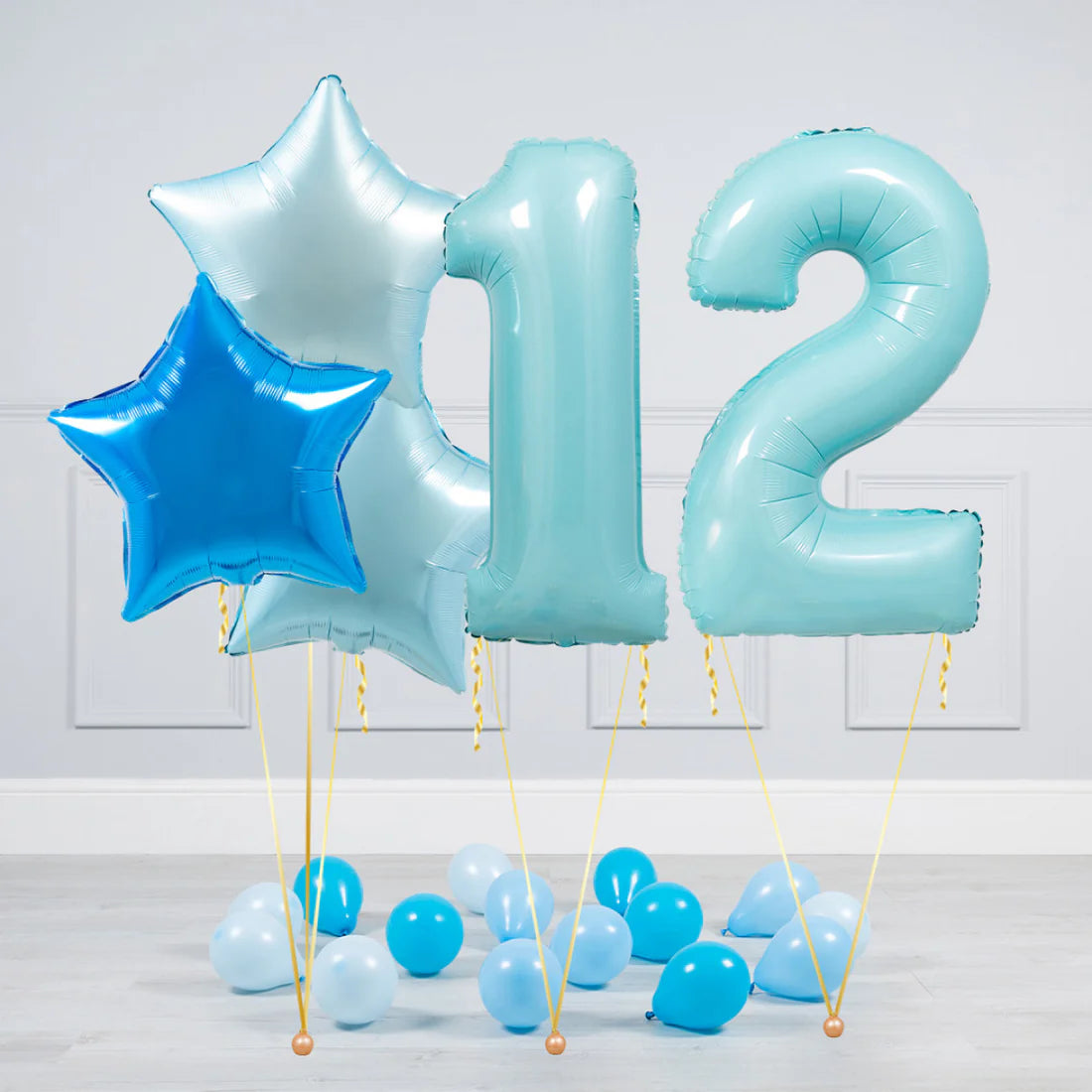 Helium Blue Two Number Set Balloon with Different Shade of Blue Stars and Mini Balloons