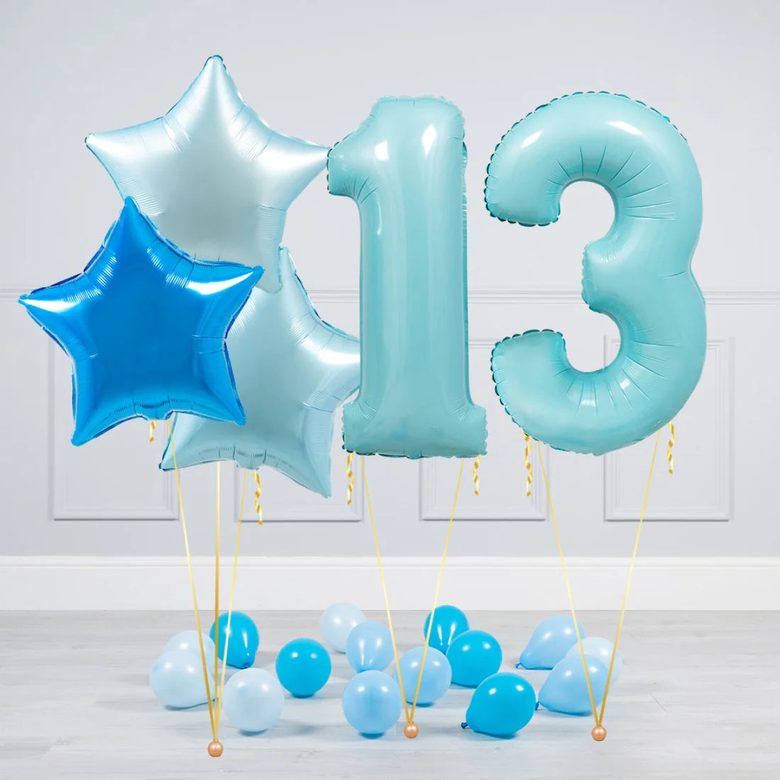 Helium Blue Two Number Set Balloon with Different Shade of Blue Stars and Mini Balloons