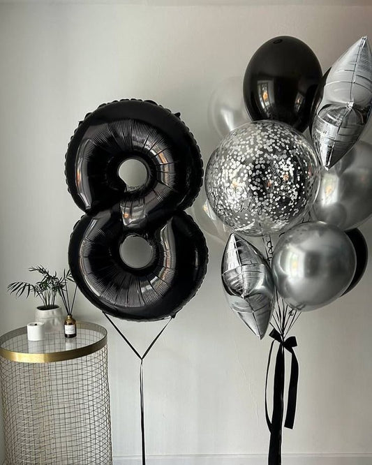 Helium Balloons Single Number Set Black '8' with Latex Balloons Black, Clear and Gold with Bobo Clear Balloon with Confetti and Star - Perfect for any Occasions