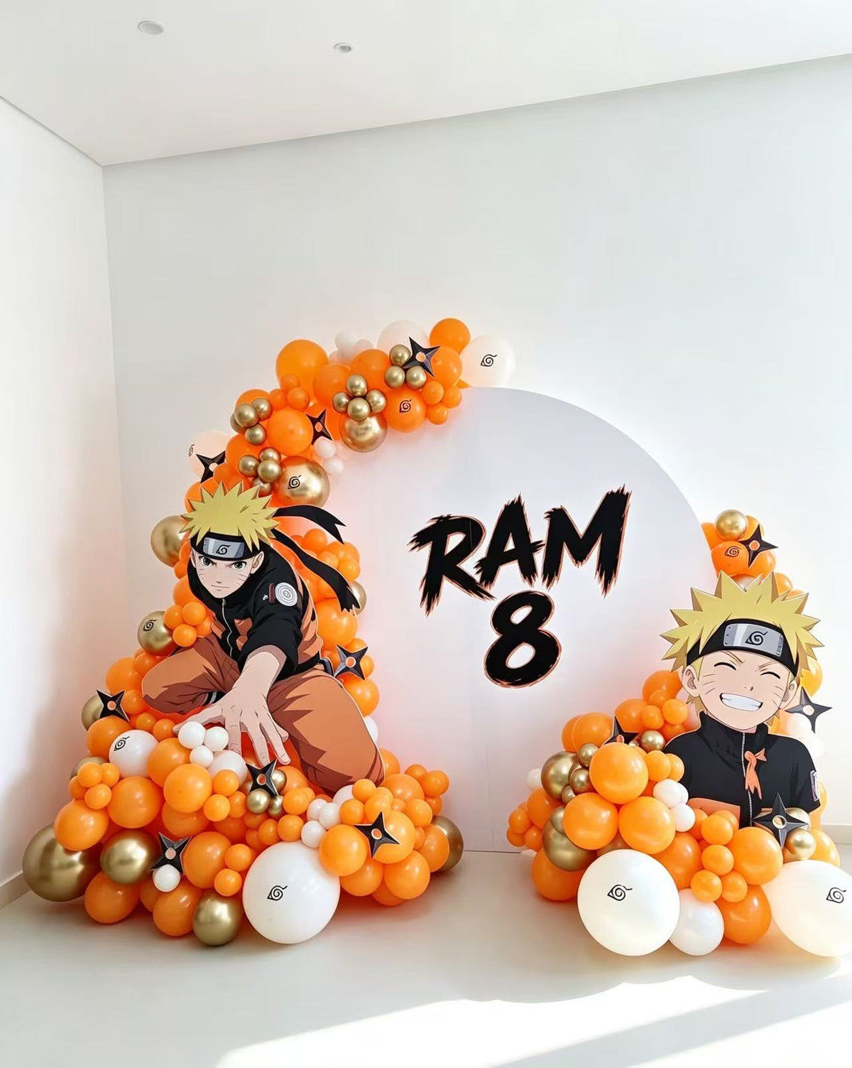 Customizable Circular Backdrop Design Naruto Anime Theme Balloons Orange Beige Light Gold w/ Naruto Characters Blades Cutouts and Stickers  - Perfect for Naruto Fan Theme Birthday!