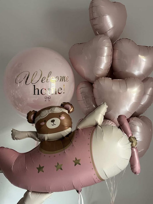 Brown Bear Pink Airplane Aircraft Plane Helium Foil Balloon Hospital Welcome Home Perfect for any celebration! Personalised Pink Heart
