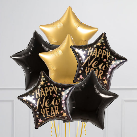 New Year's Eve Black and Gold Stars Balloons with 'Happy New Year' Design