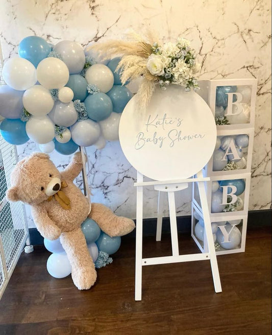 Baby Shower Balloon White and Blue with Teddy Bear, BABY Box with Balloons and Customizable Circle KT Board and Artificial Boho-Themed Flowers Decor Setup - Perfect for special occasions