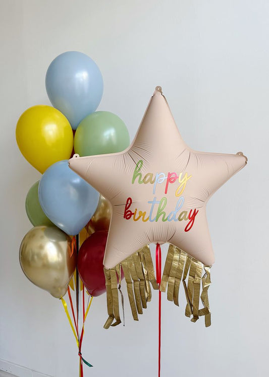 Pink Star Balloon with Happy Birthday Print With gold tassle Helium Balloon - Perfect for Birthday Celebration!