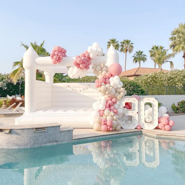 Bouncing Castle Rental 4x4m with Pit Balls and Balloon Decor Pink, White and Beige with LED Marquee Number '30' - Perfect for Birthday!