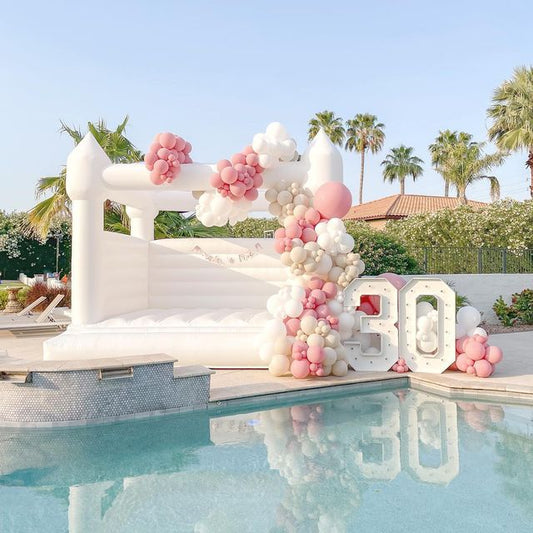 Bouncing Castle Rental 4x4m with Pit Balls and Balloon Decor Pink, White and Beige with LED Marquee Number '30' - Perfect for Birthday!