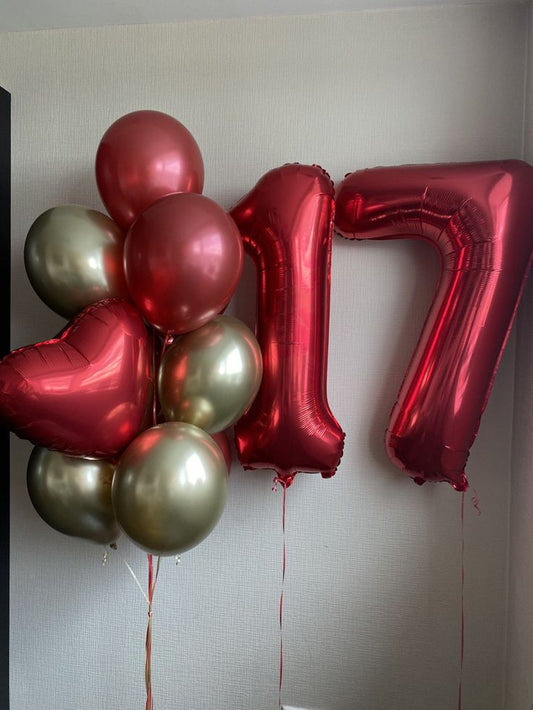 Helium Balloons Two Number Set Red '17' with Latex Chrome Red and Light Gold with Heart-Shape Bunch - Perfect for any Occasions!