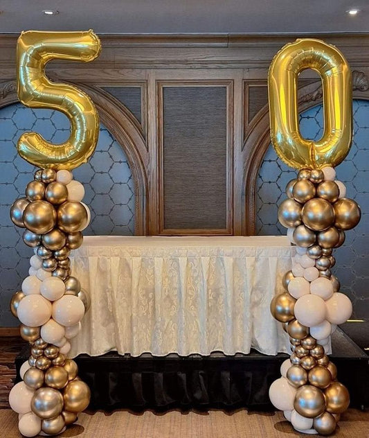 Balloon Gold and Beige with Number Balloon '50' on Top Pillar/Column/Tower - Birthday, Corporate Event, Company Event Perfect for special occasion!