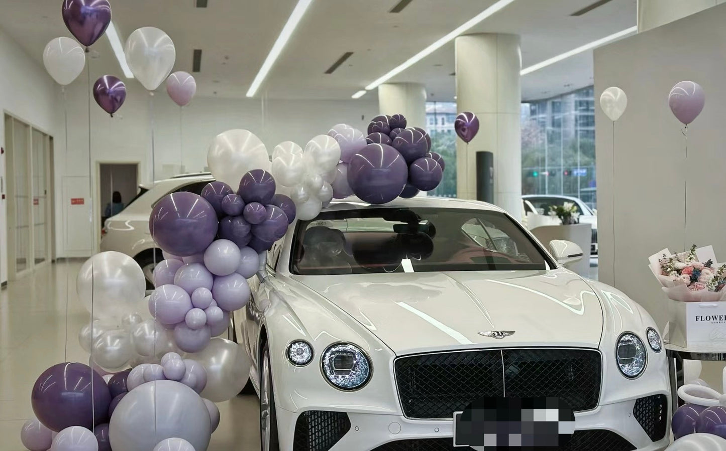 Car Surprise Balloon Design in Glossy White, Light Purple, and Dark Purple – Perfect for Any Memorable Celebrations