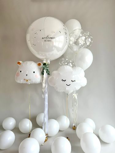 Personalised Clear with White Latex, Confetti, Ribbon and Sticker, Latex White and Clear with Confetti Balloons Bunch, White Clouds Foil Helium, Bunny Foil Helium and Floor Balloons - Baby Shower, Perfect for special occasions!
