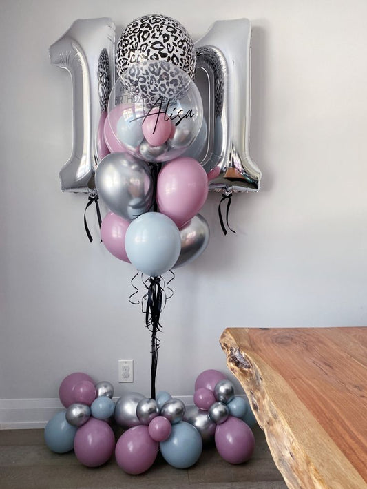 Pesonalised Clear with Mini Latex and Customize Sticker Helium Balloons, Two Number Set Silver '11' and Latex Bunch Purple, Blue and Silver, Zebra Animal Printed Round Foil with Ribbon and Mini Balloons accents - Perfect for any Occasions!