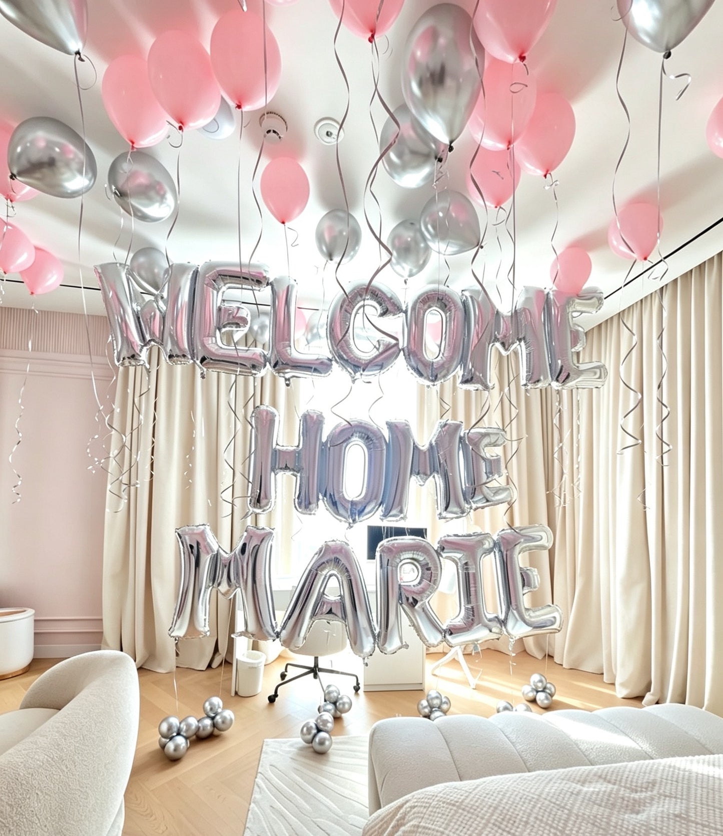 (227ProductCode)Balloon & Banner Bash Welcome Home Silver and Pink