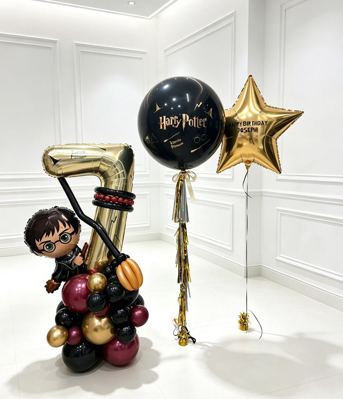 Harry Potter Theme Balloon Decoration Pesonalised Helium, Number Balloon on Stand and Star with Sticker Balloons Burgundy Light Gold Black – Customizable Design