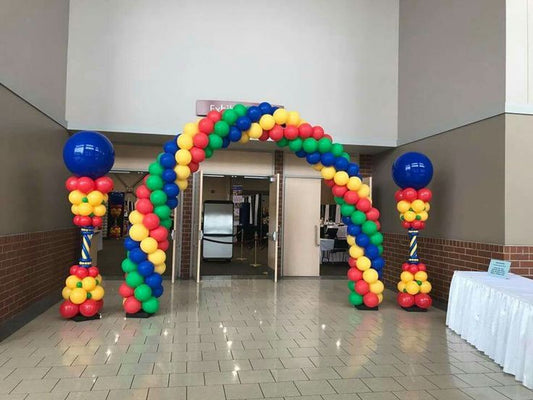 Balloon Arch Blue, Green, Yellow and Red Rainbow Arrangement with Customizable Stickers Company Logo Pillar/Column/Tower - Corporate Event, Grand Opening, Company Event Perfect for special occasion!