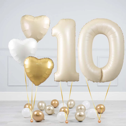 Helium Beige Two Number Set Balloon with Beige, White and Gold Hearts and Mini Balloons