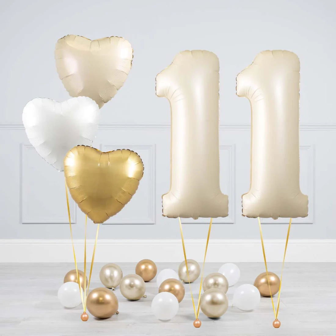 Helium Beige Two Number Set Balloon with Beige, White and Gold Hearts and Mini Balloons