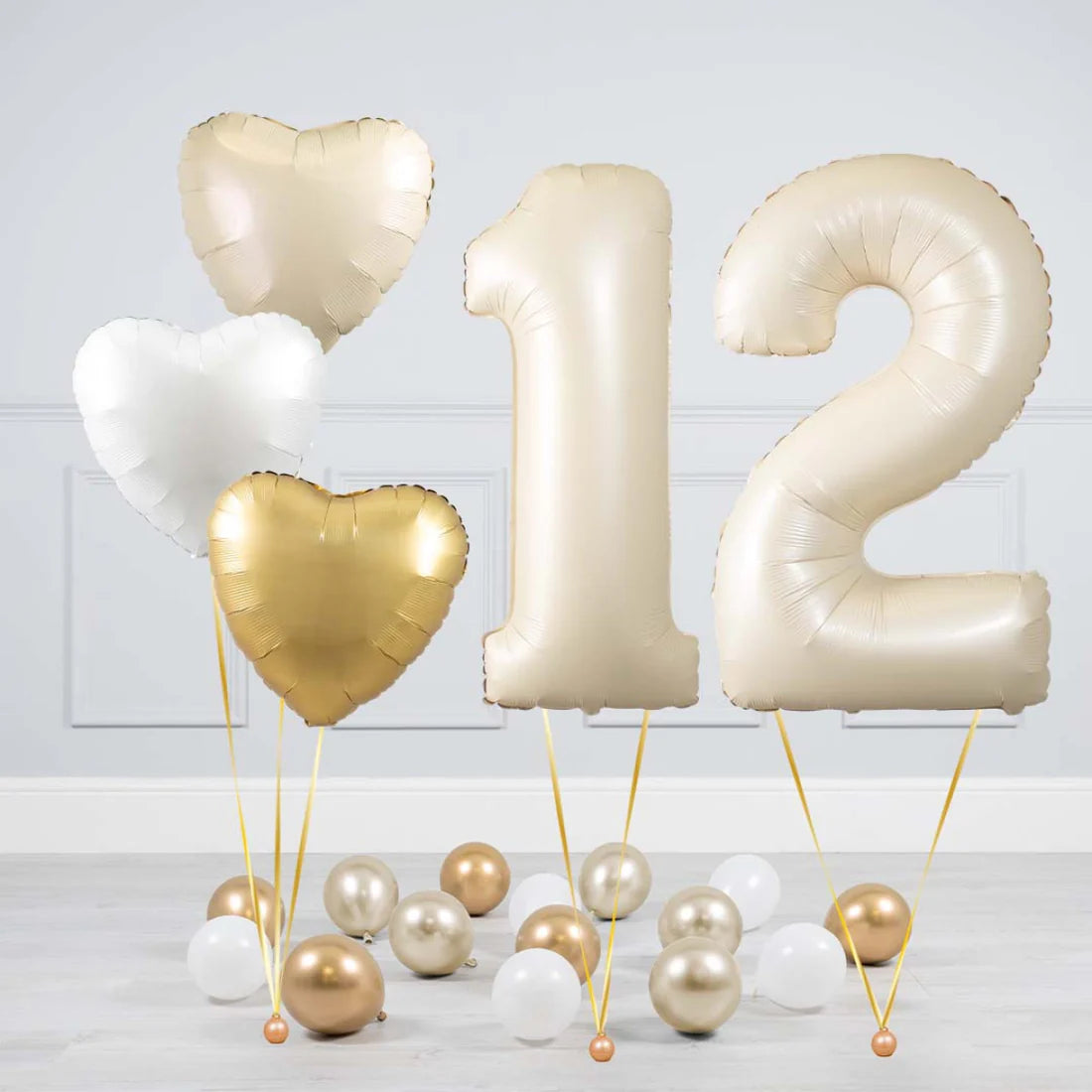 Helium Beige Two Number Set Balloon with Beige, White and Gold Hearts and Mini Balloons