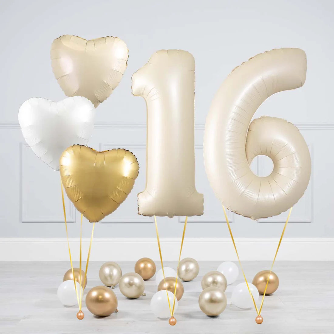 Helium Beige Two Number Set Balloon with Beige, White and Gold Hearts and Mini Balloons