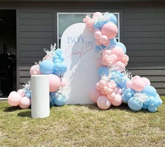 Customizable Board Backdrop with Blue, Pink Balloons and Artificial Flowers with White Cylinder Cake Stand - Perfect for Gender Reveal Celebration!