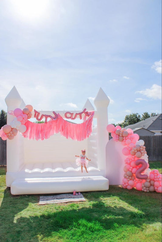 Bouncing Castle Rental 4x4m with Pit Balls and Balloon Decor Pink, White and Beige with Letter, Number Balloon and Streamer - Perfect for Birthday!