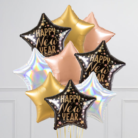 New Year's Eve Black, Gold, Matte Pink, and Shiny White Star Balloons with 'Happy New Year' Design