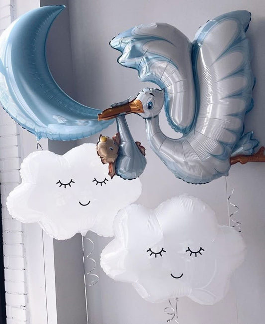 Blue Moon Foil, White and Blue Swan with New Born Baby Foil and White Clouds Helium Balloons - Baby Shower, Perfect for special occasions!