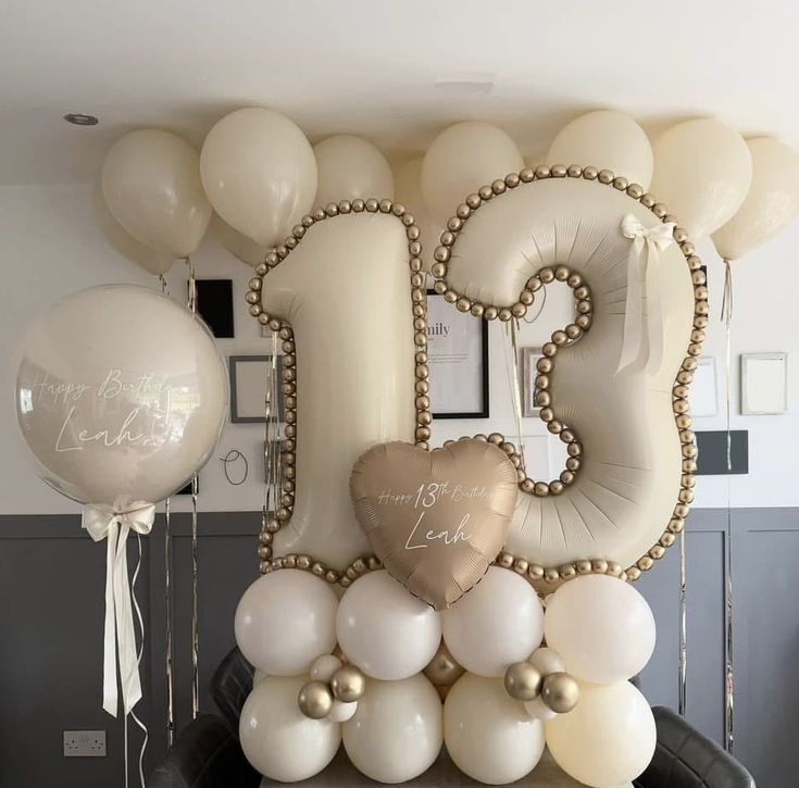 Platform Beige Numbers '13' with Latex Light Gold, Beige with Ribbons and Heart-Shaped with Customize Sticker, Personalised Clear with Beige Latex, Customize Sticker, Ribbons and Ceiling Latex Helium – Customizable Design