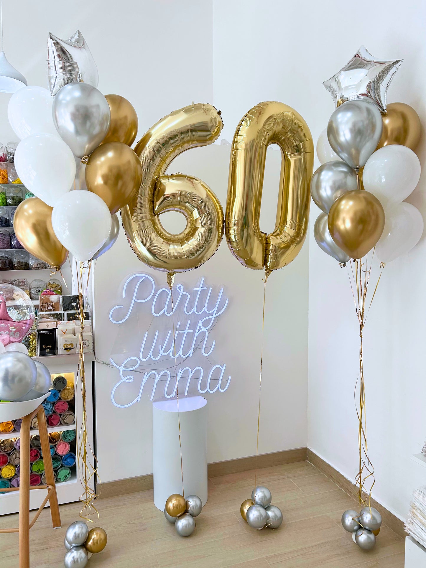 Helium Gold Two Number Set Balloon - 60th Birthday Balloon Display with Gold, Silver, White, and Star Accents and Helium Latex Balloons