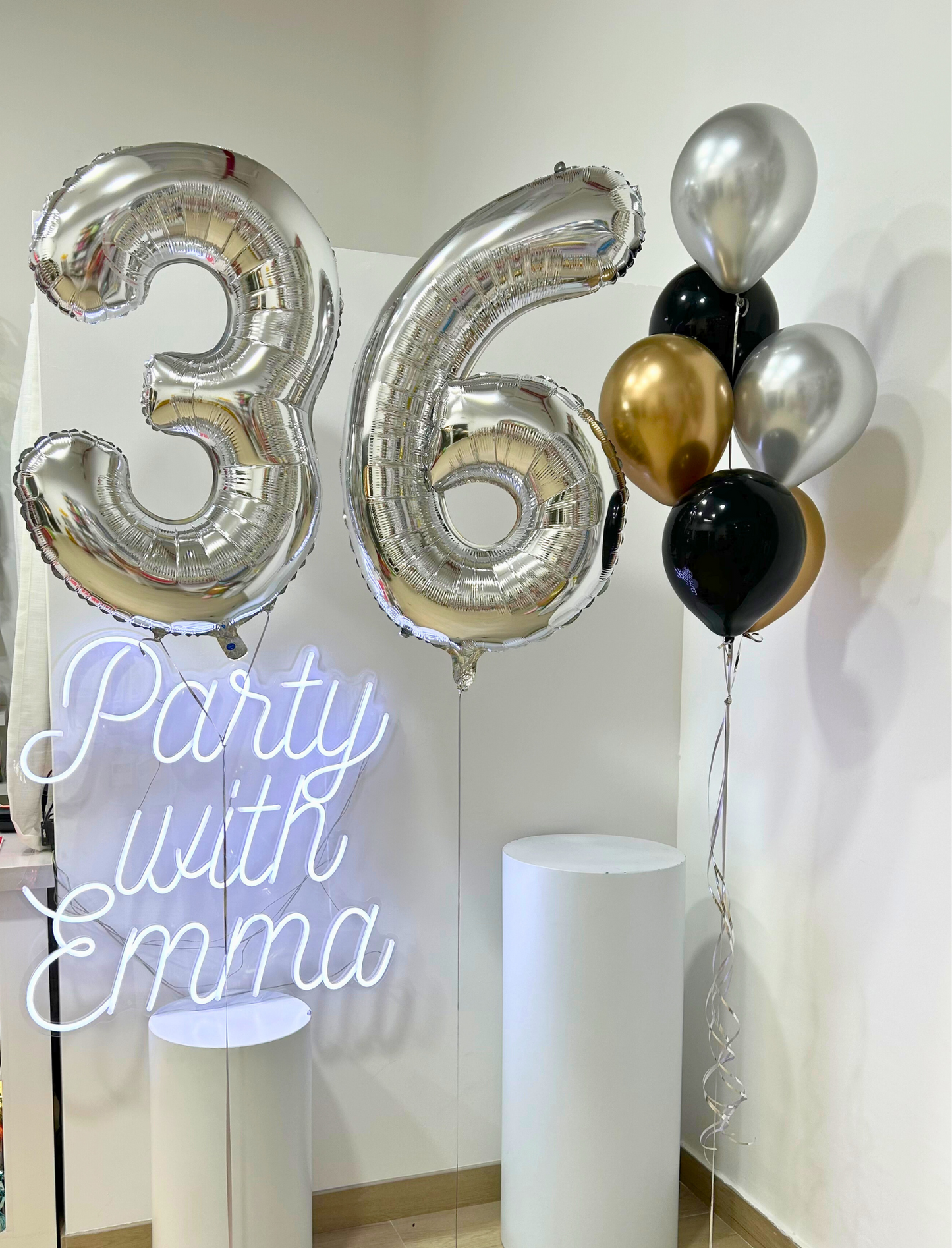 Helium Silver Two Number Set Balloons with Silver, Gold and Black Latex Balloons