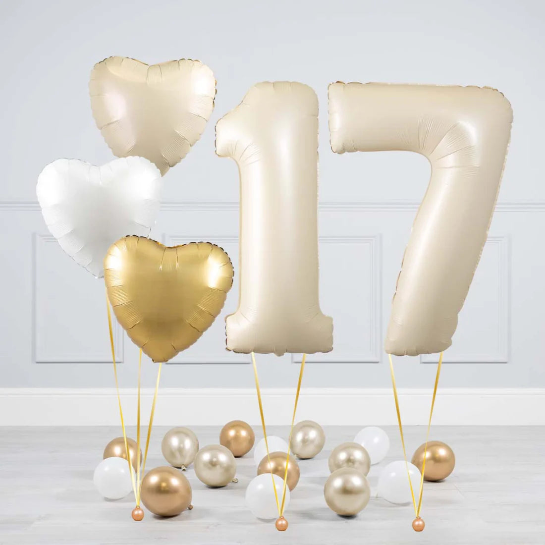 Helium Beige Two Number Set Balloon with Beige, White and Gold Hearts and Mini Balloons