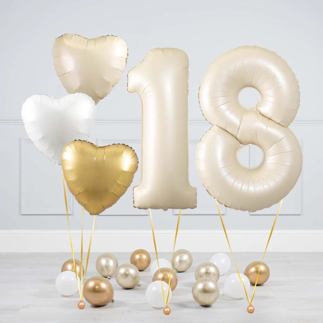 Helium Beige Two Number Set Balloon with Beige, White and Gold Hearts and Mini Balloons