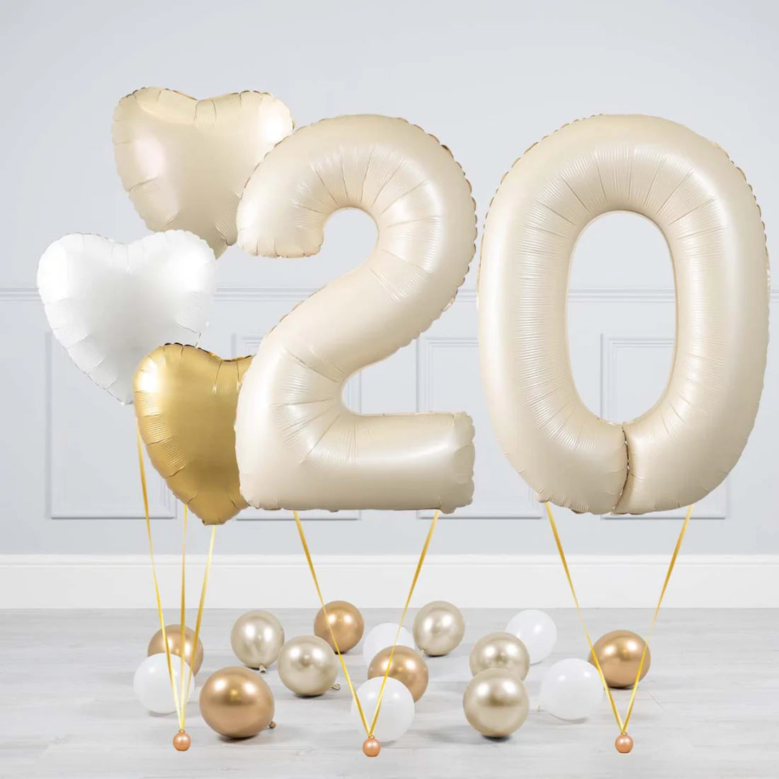 Helium Beige Two Number Set Balloon with Beige, White and Gold Hearts and Mini Balloons