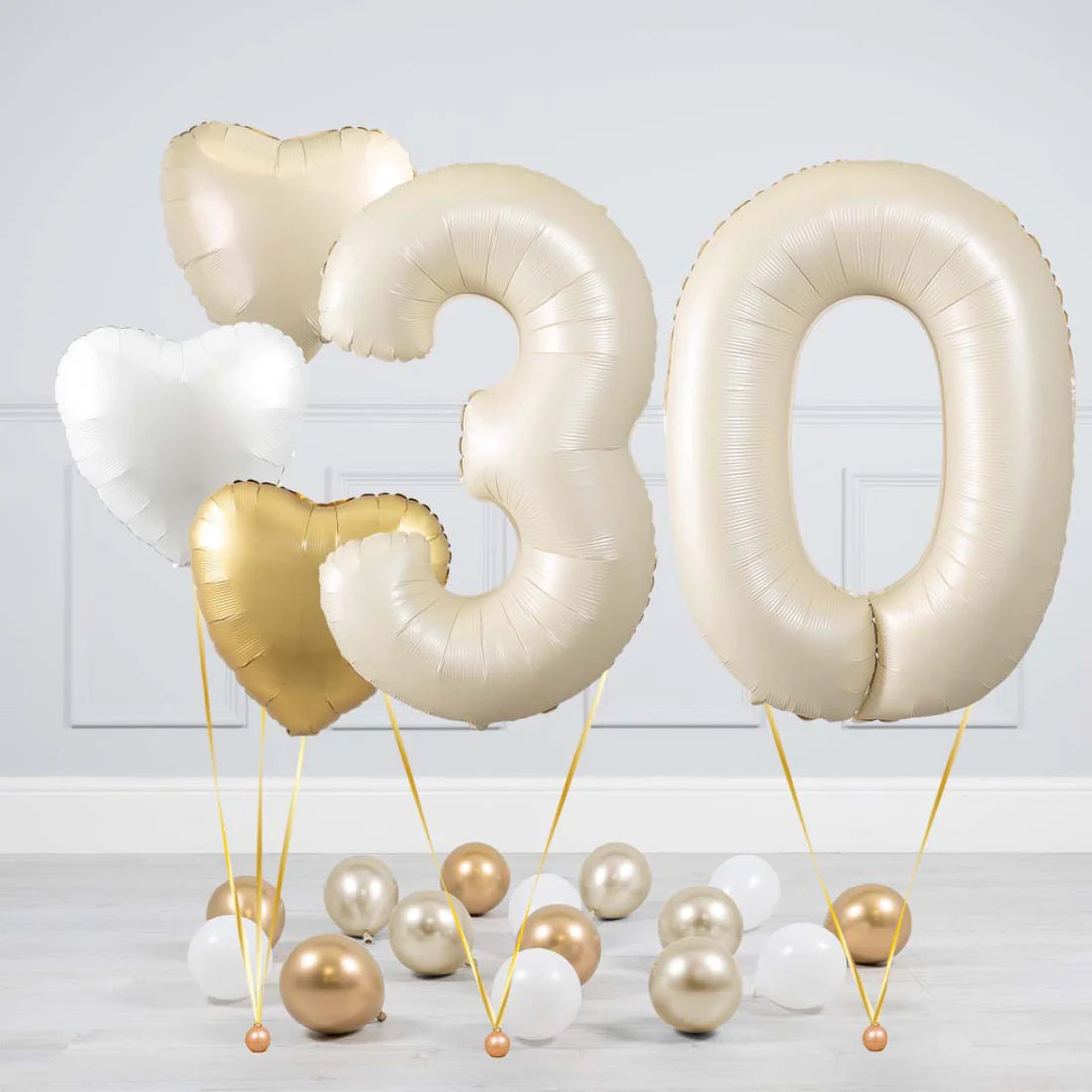 Helium Beige Two Number Set Balloon with Beige, White and Gold Hearts and Mini Balloons