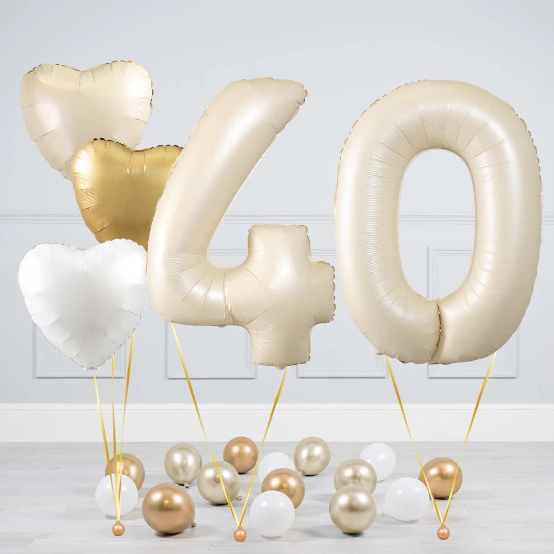 Helium Beige Two Number Set Balloon with Beige, White and Gold Hearts and Mini Balloons