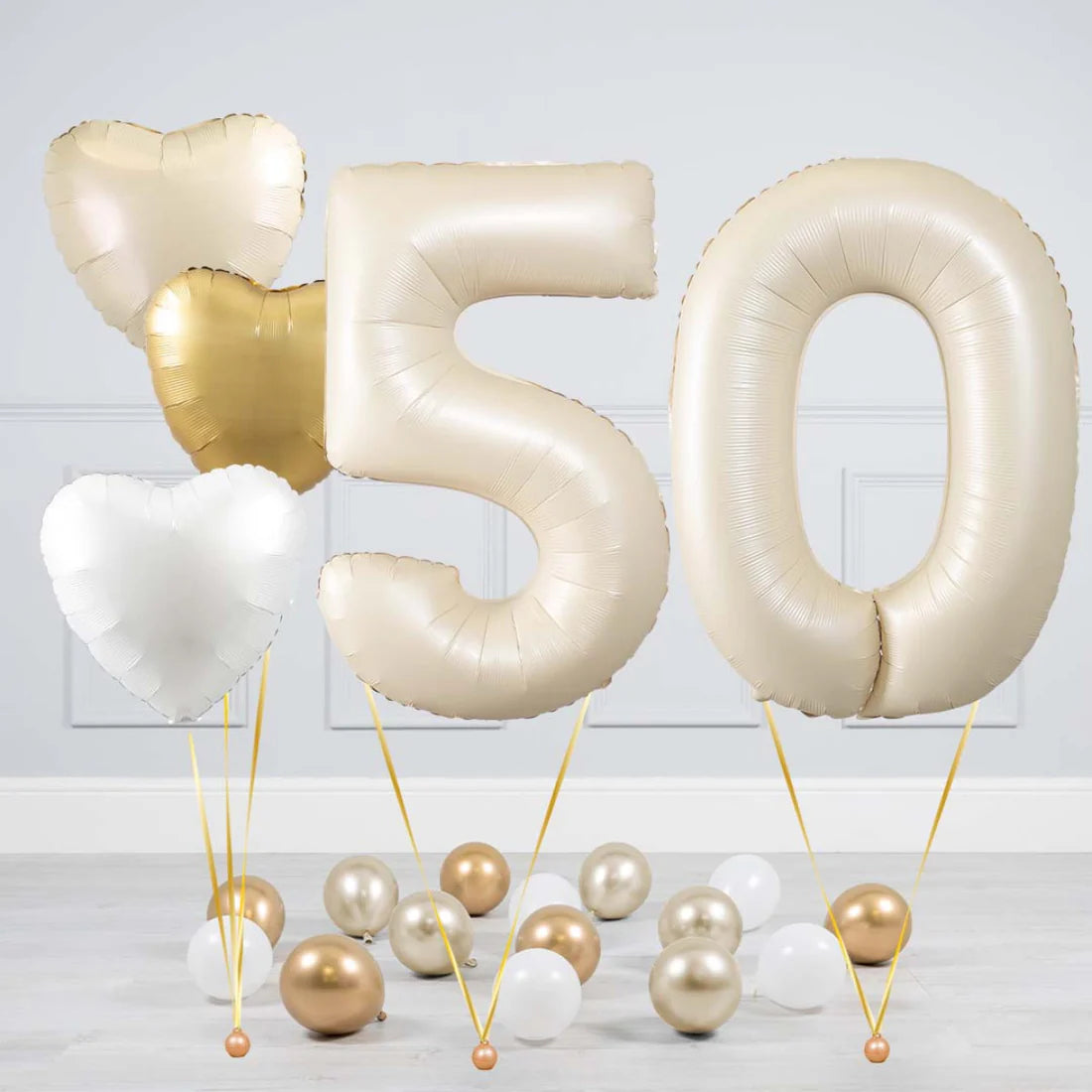 Helium Beige Two Number Set Balloon with Beige, White and Gold Hearts and Mini Balloons