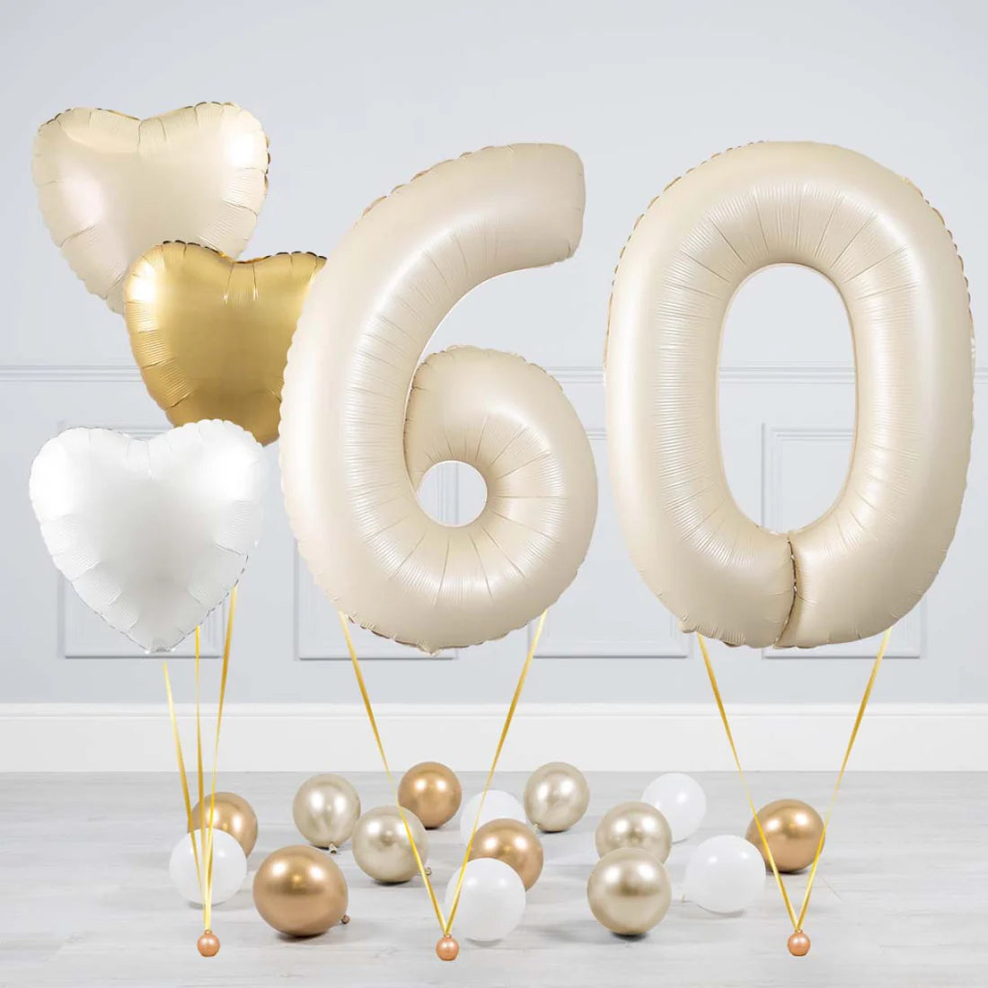 Helium Beige Two Number Set Balloon with Beige, White and Gold Hearts and Mini Balloons