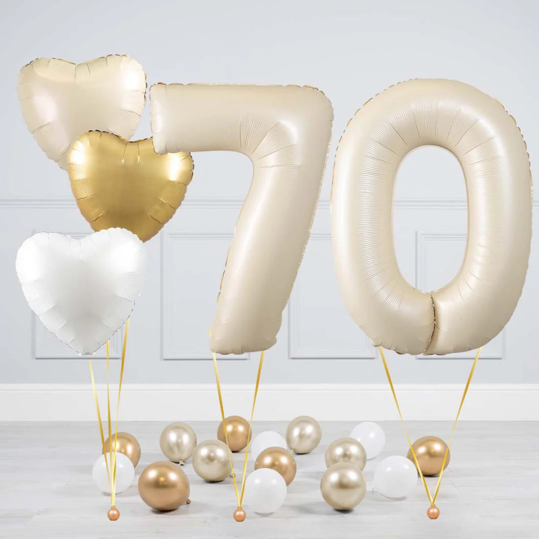 Helium Beige Two Number Set Balloon with Beige, White and Gold Hearts and Mini Balloons