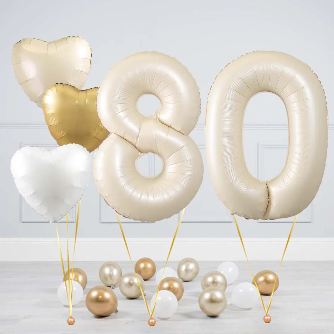 Helium Beige Two Number Set Balloon with Beige, White and Gold Hearts and Mini Balloons