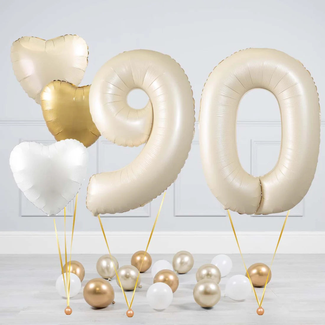 Helium Beige Two Number Set Balloon with Beige, White and Gold Hearts and Mini Balloons