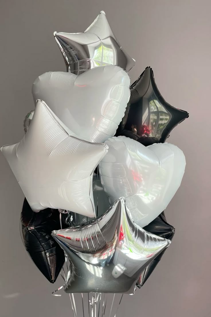 Black, White and Silver Heart-Shaped and Star-Shaped Helium Foil Balloons Bunch - Valentine's, Anniversary Perfect for special occasions!