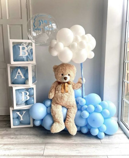 Baby Shower Balloon Blue, White and Clear with Customize Sticker, Teddy Bear and "BABY" Box with Mini Balloons - Perfect for special occasions!