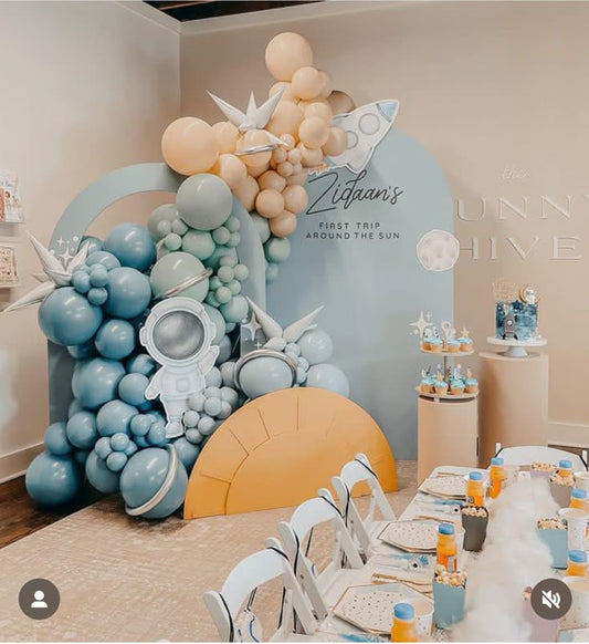 Astronaut Rocket Theme -Themed Customize Backdrop and Balloons Blue White Green Themed Birthday Party