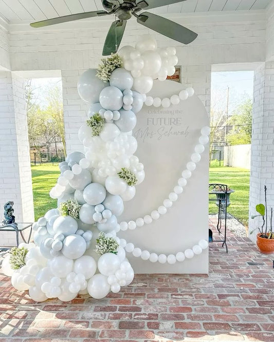 Customizable Board Backdrop with Blue, White Balloons and Artificial Flowers - Baby Shower, Perfect for any celebration!