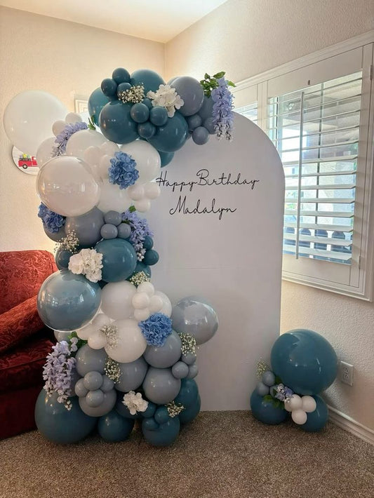 Customizable Board Backdrop with Blue, White Balloons and Artificial Flowers - Perfect for any celebration!