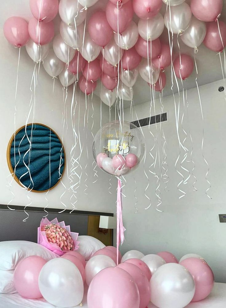 Personalised Helium Balloon Pink with Mini Latex, Ribbons, Customize Sticker and Latex Ceiling and Floor Pink and Pearl White Balloons - Birthday, Corporate Event, Grand Opening, Company Event Perfect for special occasion!