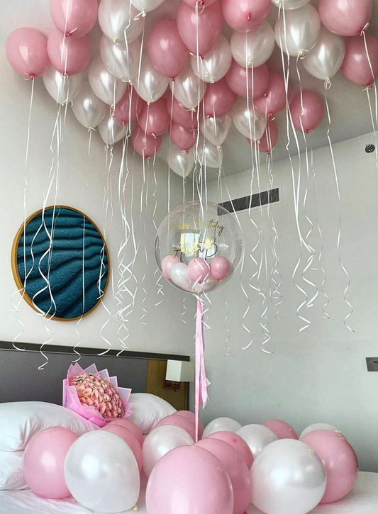 Personalised Helium Balloon Pink with Mini Latex, Ribbons, Customize Sticker and Latex Ceiling and Floor Pink and Pearl White Balloons - Birthday, Corporate Event, Grand Opening, Company Event Perfect for special occasion!