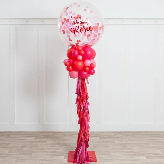 Personalised Clear Balloon with Red and Pink Confetti and Balloon with Tassels Accents Pillar/Column/Tower – Perfect for Any Celebrations