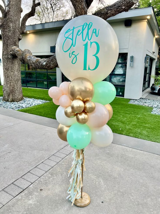 Personalised Pillar/Column/Tower Balloons White, Green, Peach and Light Gold with Customize Sticker and Tassels - Birthday, Corporate Event, Grand Opening, Company Event Perfect for special occasion!