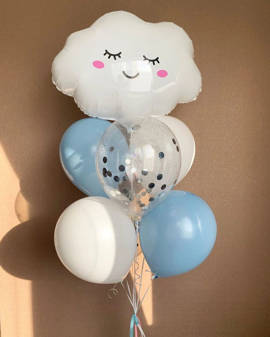 White Cloud and Latex White, Clear with Confetti and Blue Helium Balloons - Baby Shower, Perfect for special occasions!